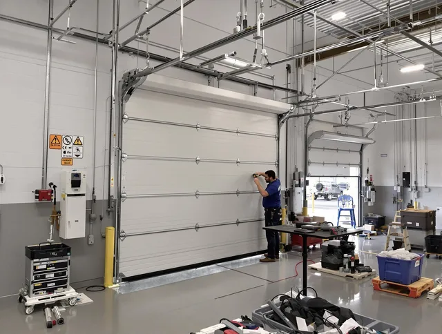 Commercial garage door repair being performed by Wilmington Island Garage Door Repair expert in Wilmington Island