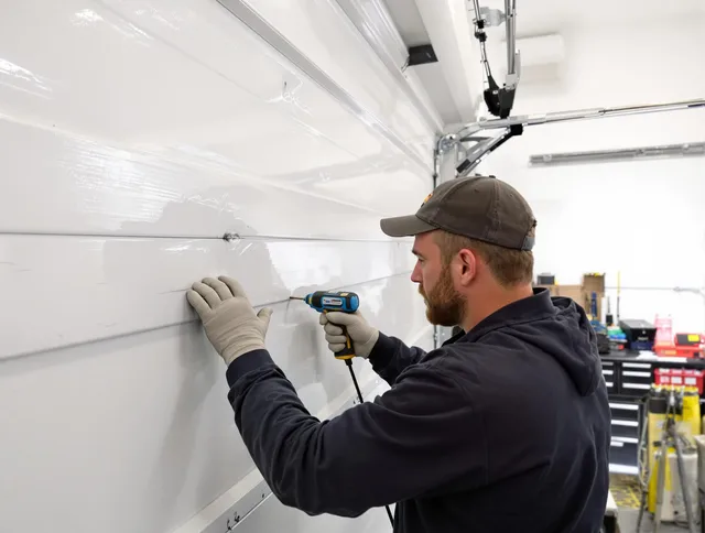 Wilmington Island Garage Door Repair technician demonstrating precision dent removal techniques on a Wilmington Island garage door
